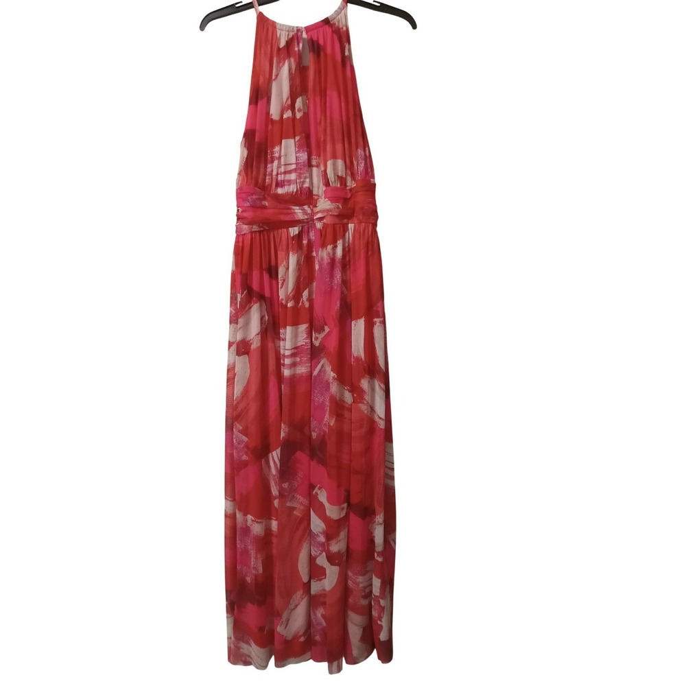 London Times Red Pink Abstract Print Halter Maxi RuchedWedding CruiseBoho Size10 - Picture 2 of 4